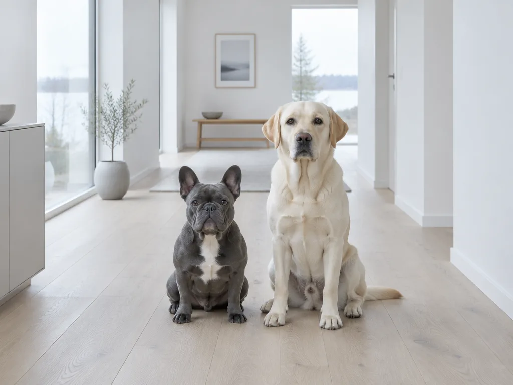 En fransk bulldogg och en labrador sitter bredvid varandra i en ljus hall