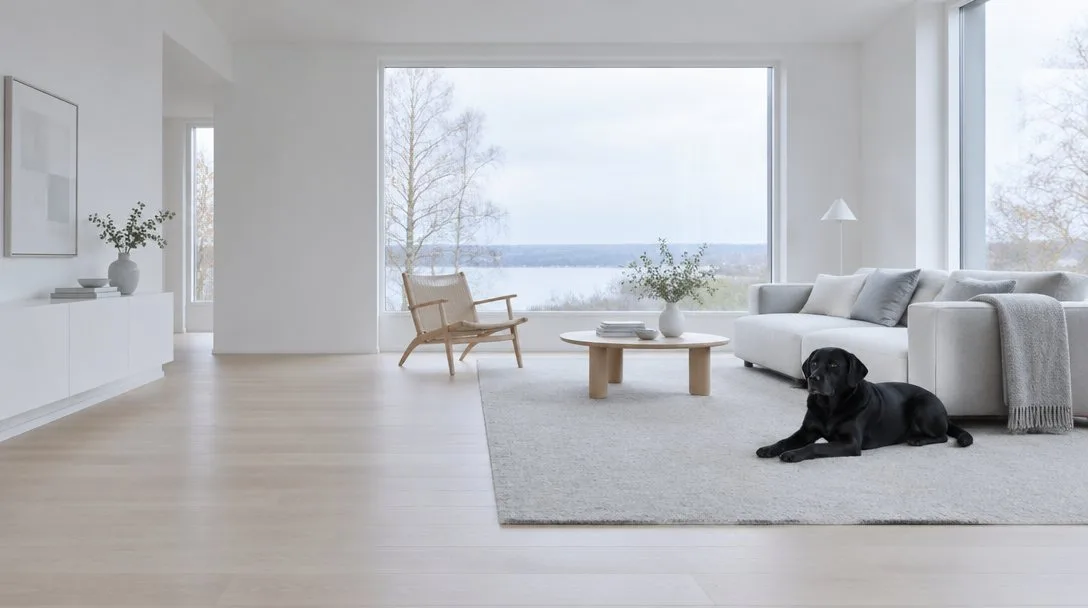 Svart labrador ligger på en ljus matta i ett ljust vardagsrum med stort fönster