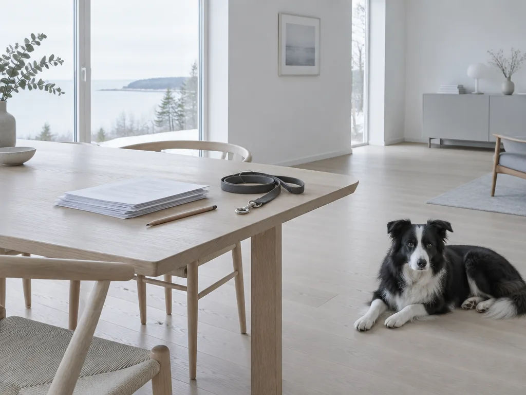 Utskrivna försäkringsvillkor och ett koppel på ett ljust matbord, en border collie ligger på golvet bredvid