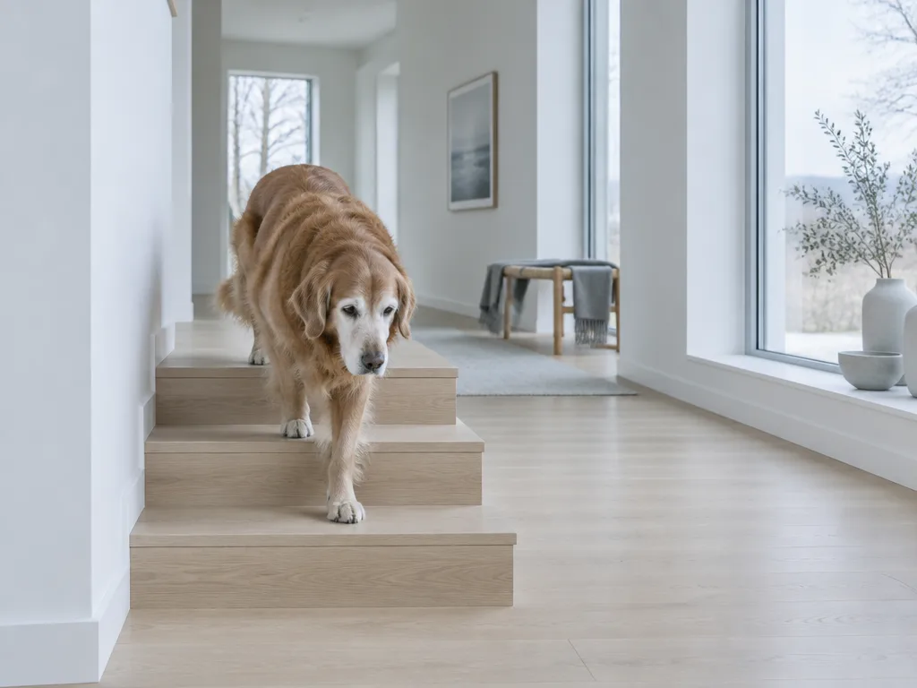 Äldre golden retriever med grå nos går nerför en kort trätrappa i en ljus hall