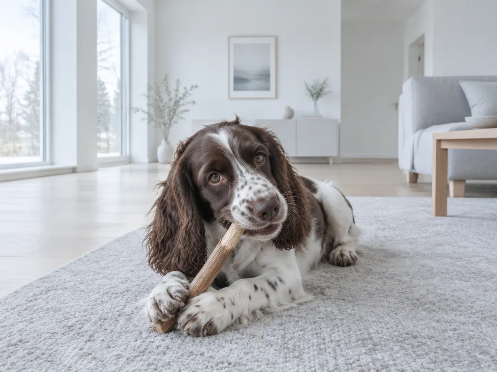 Ung springer spaniel tuggar på en träpinne på en ljusgrå matta