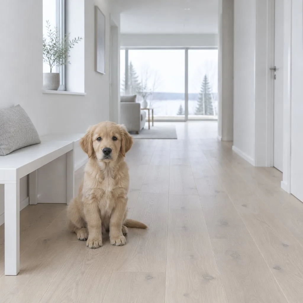 Golden retriever-valp sitter på ett ljust trägolv i en hall