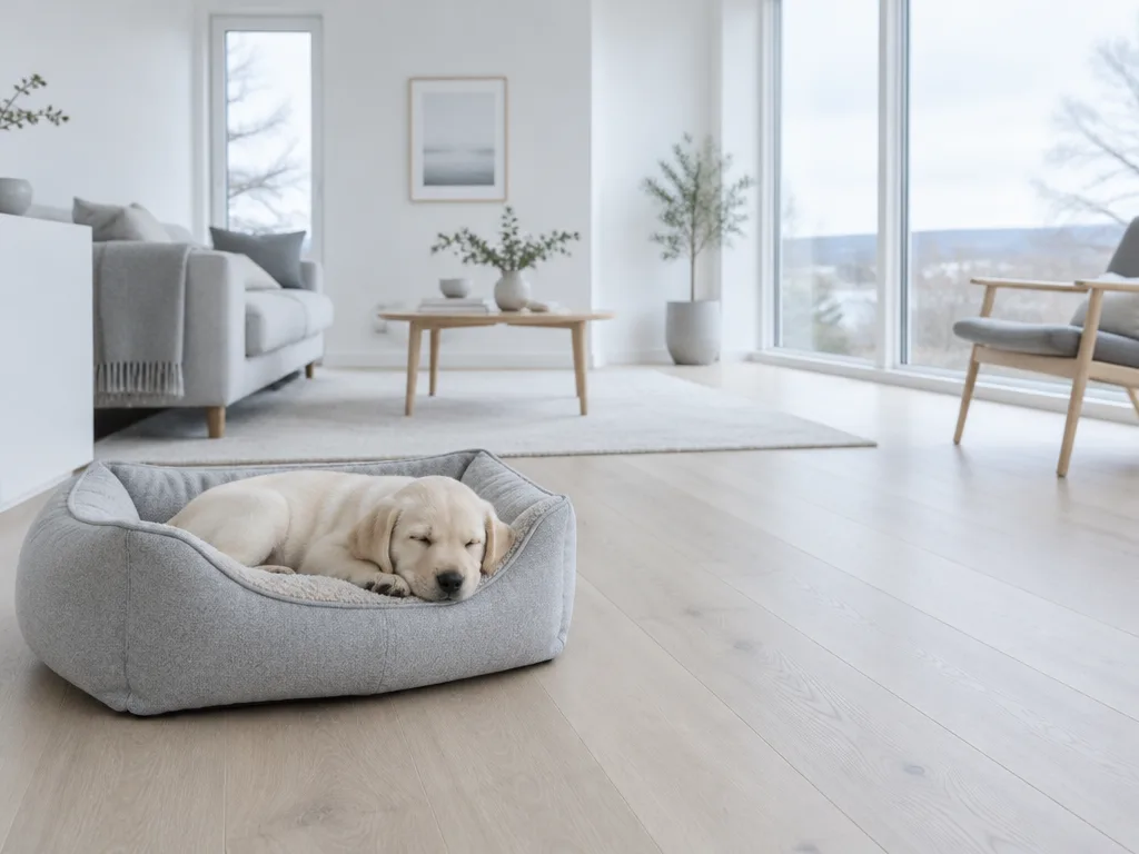 Labradorvalp sover i en ljusgrå hundkorg på ett ljust trägolv